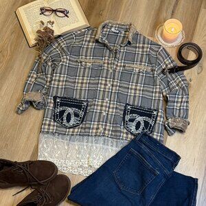 Upcycled Plaid Flannel Shirt with Denim Pockets, Lace Hem & Distressed Details